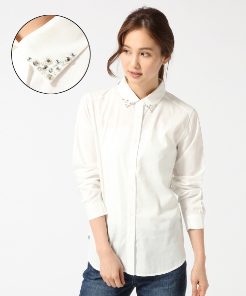 GLOBAL WORK（グローバルワーク）の「ビジューエリシャツ長袖/725111（シャツ/ブラウス・レディース・ブルー/オフホワイト/ホワイト・SMALL/MEDIUM/LARGE）」の2枚目の写真