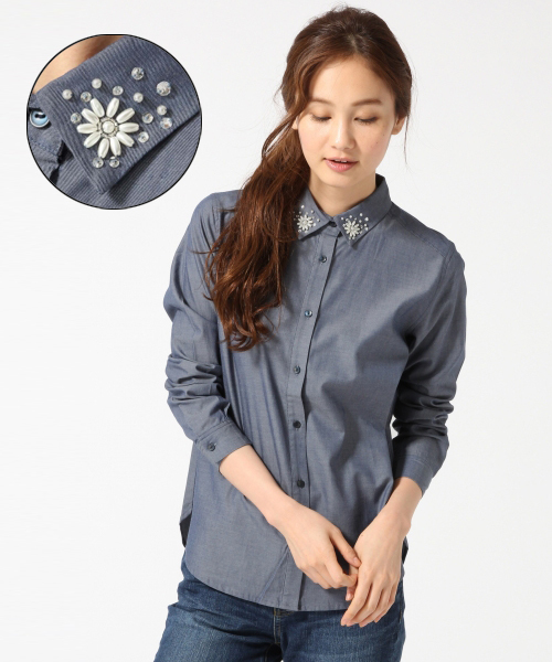 GLOBAL WORK（グローバルワーク）の「ビジューエリシャツ長袖/725111（シャツ/ブラウス・レディース・ブルー/オフホワイト/ホワイト・SMALL/MEDIUM/LARGE）」の3枚目の写真