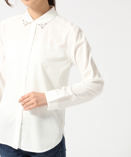 GLOBAL WORK（グローバルワーク）の「ビジューエリシャツ長袖/725111（シャツ/ブラウス・レディース・ブルー/オフホワイト/ホワイト・SMALL/MEDIUM/LARGE）」の9枚目の写真