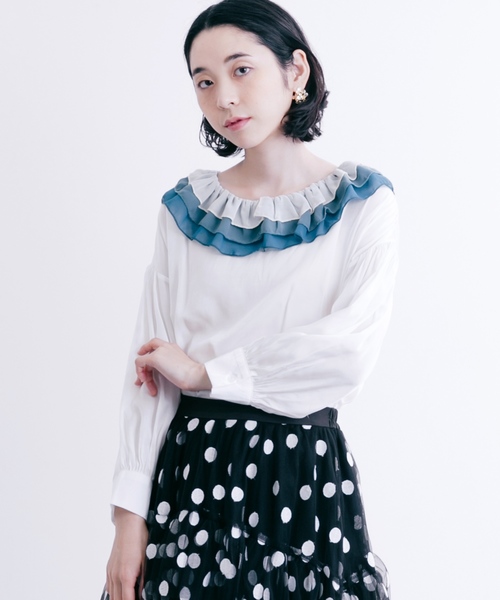 merlot plus（メルロープリュス）の「バイカラーティアード襟ブラウス7180（シャツ/ブラウス・レディース・ブラウン/ブルー/チェリーピンク・FREE）」の2枚目の写真