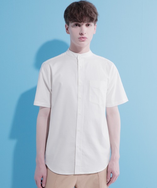 EMMA CLOTHES（エマクローズ）の「Authentic Oxford Shirt オックスフォードストレッチシャツ バンドカラー 半袖/7分袖（シャツ/ブラウス・メンズ・オフホワイト/ベージュ/ブラック/ネイビー/グレー/ベージュ系その他/ブラック系その他/ブルー系その他/ホワイト系その他/グレー系その他/オリーブドラブ/ブルー系その他2/グリーン系その他/ブルー系その他3/ブルー/サックスブルー・L/M/XL）」の3枚目の写真