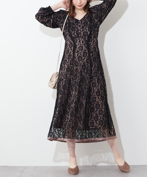 natural couture（ナチュラルクチュール）の「裾パイピング大人レースワンピース（ワンピース・レディース・アイボリー/サックスブルー/ブラック・FREE）」の3枚目の写真