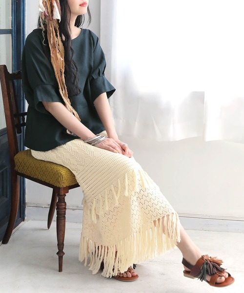 osharewalker(オシャレウォーカー)の「【廃盤】『ダブルフリンジニットスカート』(スカート・レディース・ネイビー/アイボリー・1/2)」の6枚目の写真