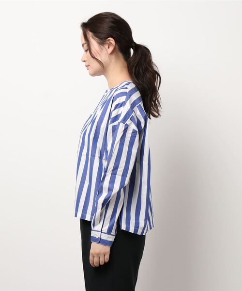 GRANDMA MAMA DAUGHTER（グランマママドーター）の「∴【GRANDMA MAMA DAUGHTER / グランママドーター】ストライプノーカラーショートシャツ GS911901（シャツ/ブラウス・レディース・ブルー/ネイビー・1/0）」の10枚目の写真