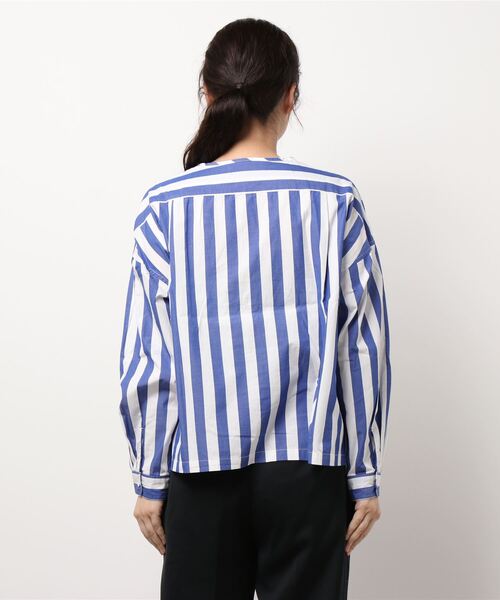 GRANDMA MAMA DAUGHTER（グランマママドーター）の「∴【GRANDMA MAMA DAUGHTER / グランママドーター】ストライプノーカラーショートシャツ GS911901（シャツ/ブラウス・レディース・ブルー/ネイビー・1/0）」の11枚目の写真