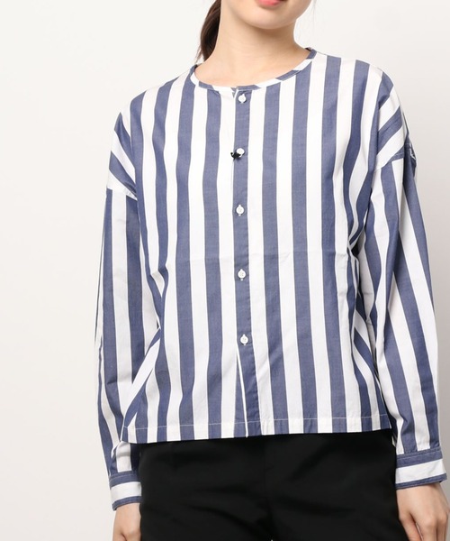 GRANDMA MAMA DAUGHTER（グランマママドーター）の「∴【GRANDMA MAMA DAUGHTER / グランママドーター】ストライプノーカラーショートシャツ GS911901（シャツ/ブラウス・レディース・ブルー/ネイビー・1/0）」の2枚目の写真
