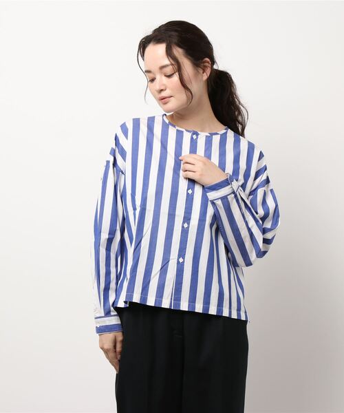 GRANDMA MAMA DAUGHTER（グランマママドーター）の「∴【GRANDMA MAMA DAUGHTER / グランママドーター】ストライプノーカラーショートシャツ GS911901（シャツ/ブラウス・レディース・ブルー/ネイビー・1/0）」の9枚目の写真