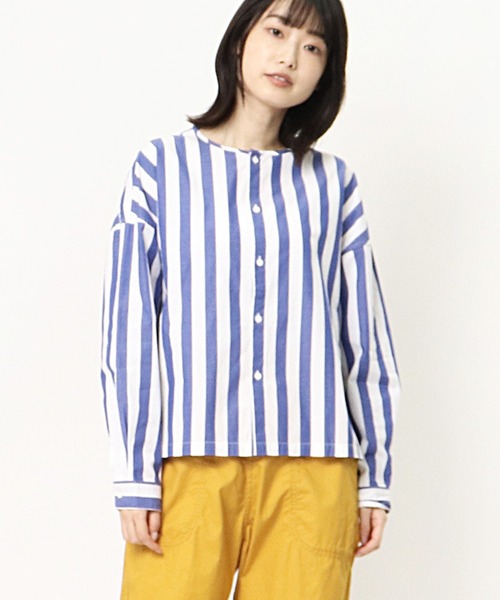 GRANDMA MAMA DAUGHTER（グランマママドーター）の「∴【GRANDMA MAMA DAUGHTER / グランママドーター】ストライプノーカラーショートシャツ GS911901（シャツ/ブラウス・レディース・ブルー/ネイビー・1/0）」の3枚目の写真