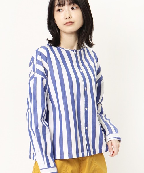 GRANDMA MAMA DAUGHTER（グランマママドーター）の「∴【GRANDMA MAMA DAUGHTER / グランママドーター】ストライプノーカラーショートシャツ GS911901（シャツ/ブラウス・レディース・ブルー/ネイビー・1/0）」の4枚目の写真