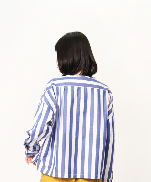 GRANDMA MAMA DAUGHTER（グランマママドーター）の「∴【GRANDMA MAMA DAUGHTER / グランママドーター】ストライプノーカラーショートシャツ GS911901（シャツ/ブラウス・レディース・ブルー/ネイビー・1/0）」の7枚目の写真