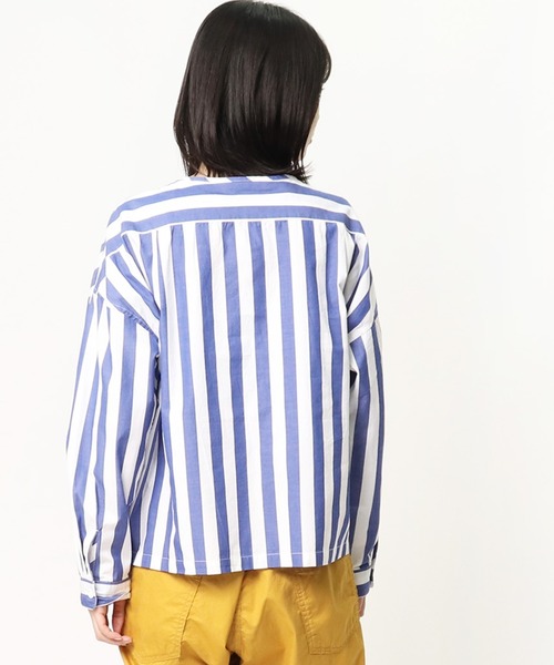 GRANDMA MAMA DAUGHTER（グランマママドーター）の「∴【GRANDMA MAMA DAUGHTER / グランママドーター】ストライプノーカラーショートシャツ GS911901（シャツ/ブラウス・レディース・ブルー/ネイビー・1/0）」の8枚目の写真