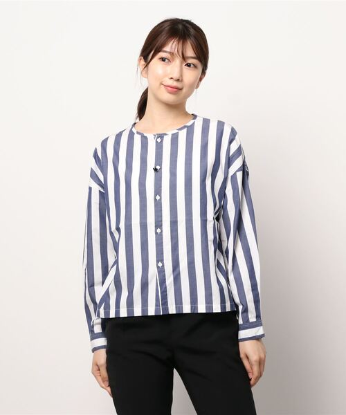 GRANDMA MAMA DAUGHTER（グランマママドーター）の「∴【GRANDMA MAMA DAUGHTER / グランママドーター】ストライプノーカラーショートシャツ GS911901（シャツ/ブラウス・レディース・ブルー/ネイビー・1/0）」の12枚目の写真