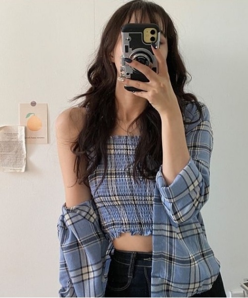 SONA（ソナ）の「SONYUNARA [SET]チェックスモークバンディングキャミ+シャツ（シャツ/ブラウス・レディース・ブルー/ホワイト・FREE）」の5枚目の写真