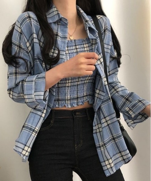 SONA（ソナ）の「SONYUNARA [SET]チェックスモークバンディングキャミ+シャツ（シャツ/ブラウス・レディース・ブルー/ホワイト・FREE）」の6枚目の写真