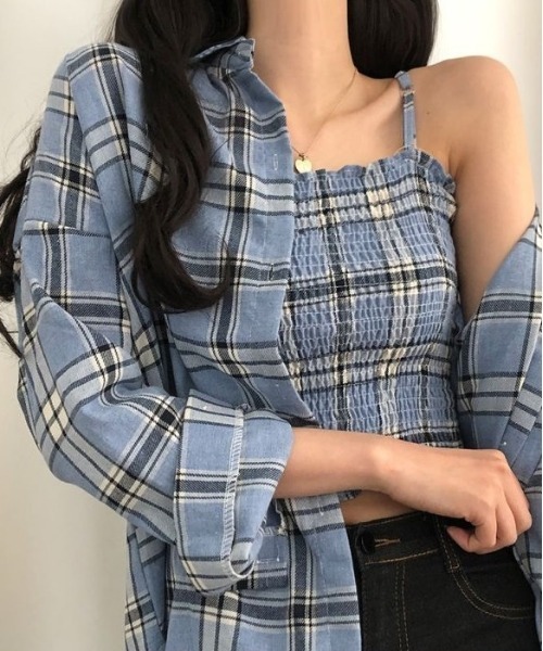 SONA（ソナ）の「SONYUNARA [SET]チェックスモークバンディングキャミ+シャツ（シャツ/ブラウス・レディース・ブルー/ホワイト・FREE）」の7枚目の写真