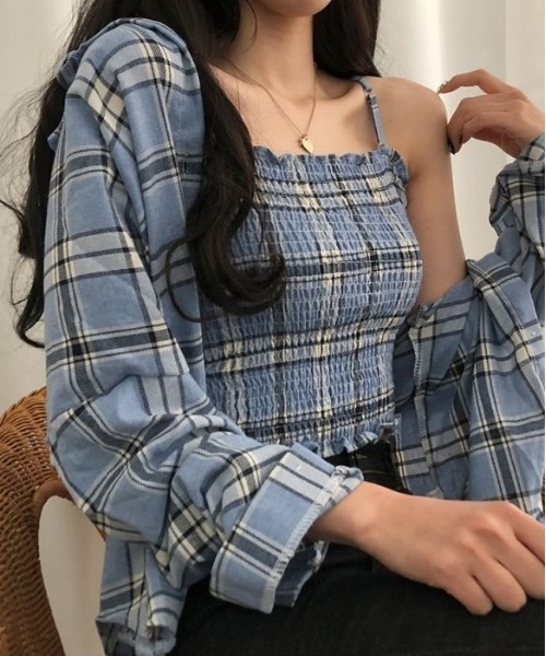 SONA（ソナ）の「SONYUNARA [SET]チェックスモークバンディングキャミ+シャツ（シャツ/ブラウス・レディース・ブルー/ホワイト・FREE）」の10枚目の写真