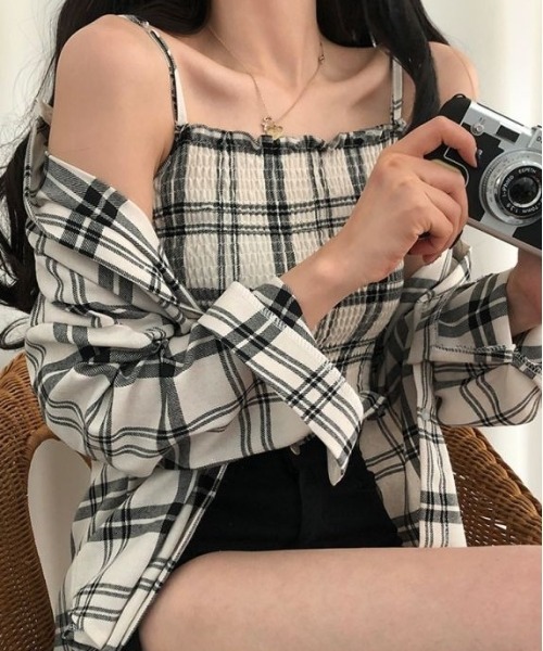 SONA（ソナ）の「SONYUNARA [SET]チェックスモークバンディングキャミ+シャツ（シャツ/ブラウス・レディース・ブルー/ホワイト・FREE）」の15枚目の写真