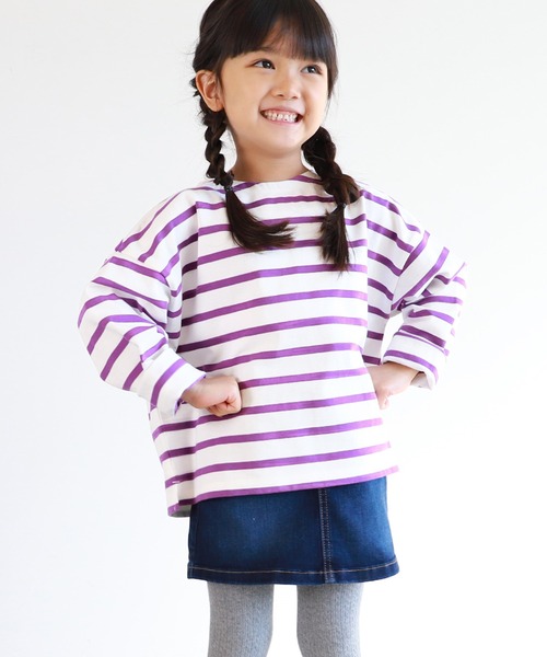 coca（coca）（コカ）の「キッズ 親子お揃い ドロップショルダーボーダープルオーバー（Tシャツ/カットソー・キッズ・パープル/イエロー・100/110/120/130）」の2枚目の写真