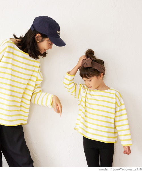 coca（coca）（コカ）の「キッズ 親子お揃い ドロップショルダーボーダープルオーバー（Tシャツ/カットソー・キッズ・パープル/イエロー・100/110/120/130）」の6枚目の写真