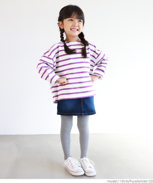 coca（coca）（コカ）の「キッズ 親子お揃い ドロップショルダーボーダープルオーバー（Tシャツ/カットソー・キッズ・パープル/イエロー・100/110/120/130）」の9枚目の写真