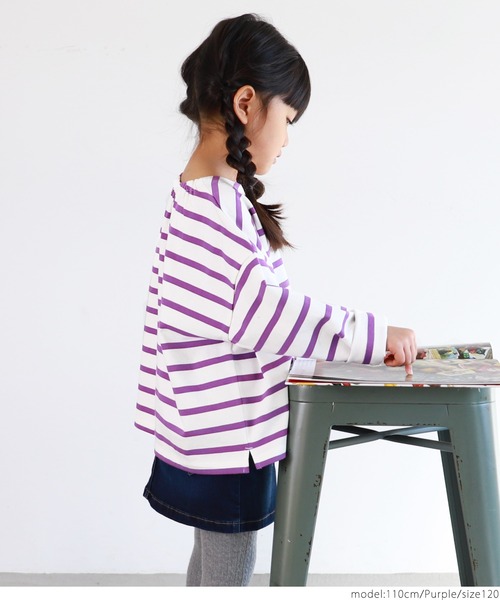 coca（coca）（コカ）の「キッズ 親子お揃い ドロップショルダーボーダープルオーバー（Tシャツ/カットソー・キッズ・パープル/イエロー・100/110/120/130）」の12枚目の写真