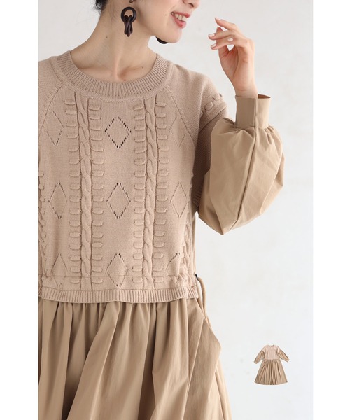 ワンピース ドレス Cawaii カワイイ のワンピース ウエスト絞れる異素材合わせの重ね着風ミディアムワンピース Wkg000 を購入できます French Pave ウエスト絞れる異素材合わせの重ね着風ミディアムワンピース ワンピース Cawaii カワイイ のファッション