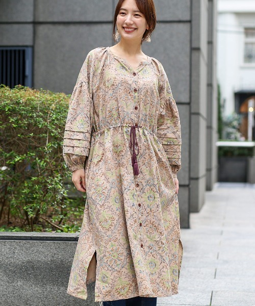 チチカカ（チチカカ）の「ボタニダマスク ブロックプリントワンピース（シャツワンピース・レディース・アイボリー/ブラウン/ライトブルー・FREE）」の2枚目の写真