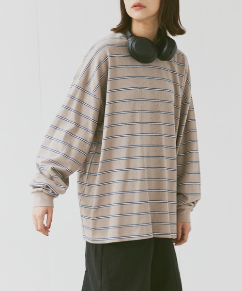 flaner(フラネ)の「Loose mulch border long tee/ルーズマルチボーダーロンT(Tシャツ/カットソー・レディース・ホワイト/ベージュ・MEDIUM/LARGE)」の2枚目の写真