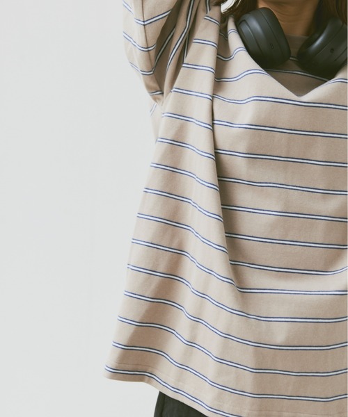 flaner(フラネ)の「Loose mulch border long tee/ルーズマルチボーダーロンT(Tシャツ/カットソー・レディース・ホワイト/ベージュ・MEDIUM/LARGE)」の3枚目の写真