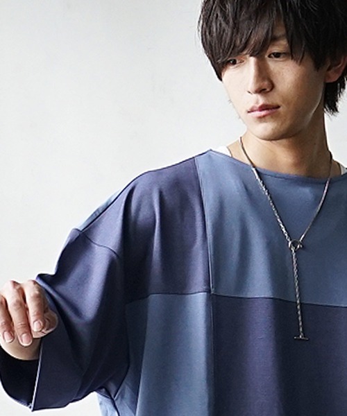 MinoriTY(マイノリティ)の「【MinoriTY】ブロッキング切替とろみTシャツ メンズ オーバーサイズ カットソー デザイン(Tシャツ/カットソー・メンズ・グレー/ブルー/カーキ/ブラック・M/S/L)」の15枚目の写真