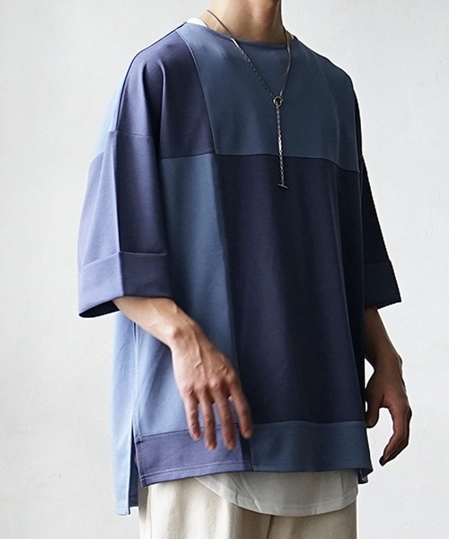MinoriTY(マイノリティ)の「【MinoriTY】ブロッキング切替とろみTシャツ メンズ オーバーサイズ カットソー デザイン(Tシャツ/カットソー・メンズ・グレー/ブルー/カーキ/ブラック・M/S/L)」の16枚目の写真