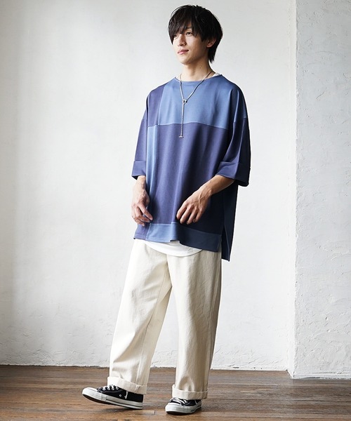 MinoriTY(マイノリティ)の「【MinoriTY】ブロッキング切替とろみTシャツ メンズ オーバーサイズ カットソー デザイン(Tシャツ/カットソー・メンズ・グレー/ブルー/カーキ/ブラック・M/S/L)」の17枚目の写真