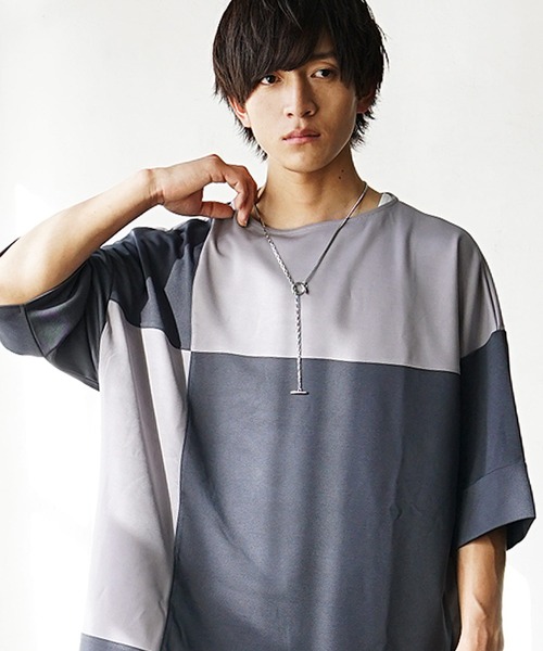 MinoriTY(マイノリティ)の「【MinoriTY】ブロッキング切替とろみTシャツ メンズ オーバーサイズ カットソー デザイン(Tシャツ/カットソー・メンズ・グレー/ブルー/カーキ/ブラック・M/S/L)」の12枚目の写真