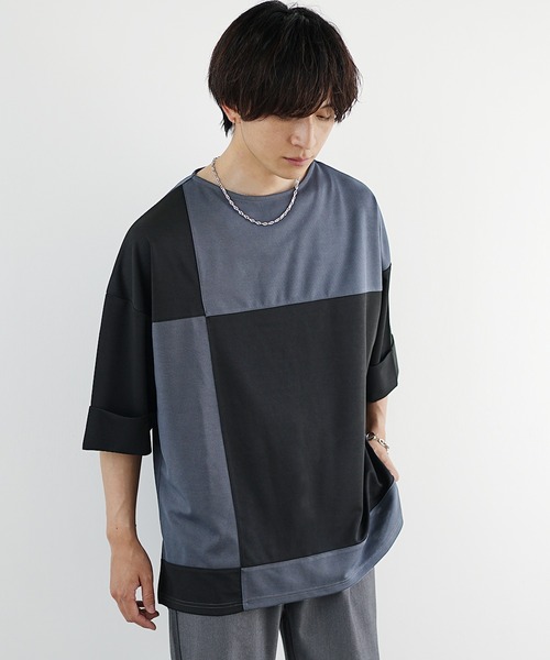 MinoriTY(マイノリティ)の「【MinoriTY】ブロッキング切替とろみTシャツ メンズ オーバーサイズ カットソー デザイン(Tシャツ/カットソー・メンズ・グレー/ブルー/カーキ/ブラック・M/S/L)」の7枚目の写真