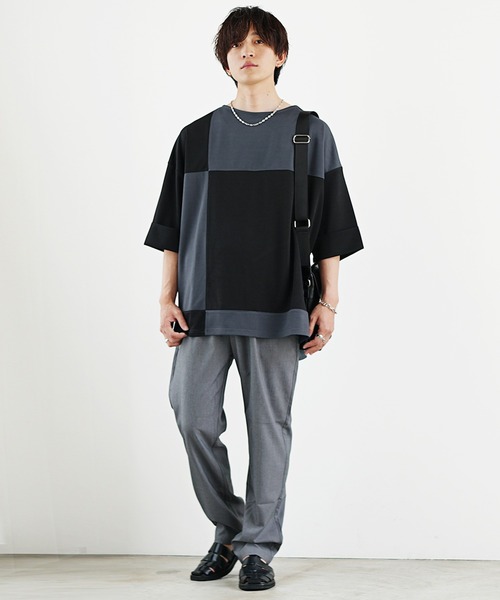 MinoriTY(マイノリティ)の「【MinoriTY】ブロッキング切替とろみTシャツ メンズ オーバーサイズ カットソー デザイン(Tシャツ/カットソー・メンズ・グレー/ブルー/カーキ/ブラック・M/S/L)」の8枚目の写真