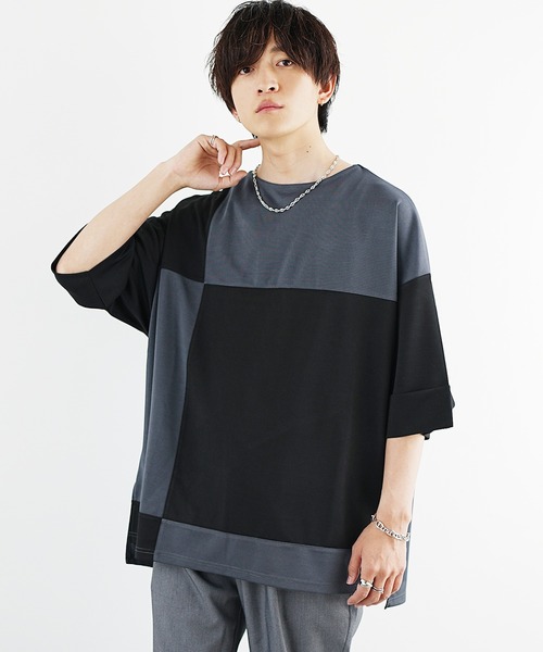 MinoriTY(マイノリティ)の「【MinoriTY】ブロッキング切替とろみTシャツ メンズ オーバーサイズ カットソー デザイン(Tシャツ/カットソー・メンズ・グレー/ブルー/カーキ/ブラック・M/S/L)」の6枚目の写真