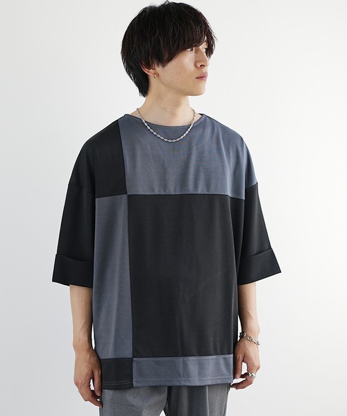 MinoriTY(マイノリティ)の「【MinoriTY】ブロッキング切替とろみTシャツ メンズ オーバーサイズ カットソー デザイン(Tシャツ/カットソー・メンズ・グレー/ブルー/カーキ/ブラック・M/S/L)」の5枚目の写真