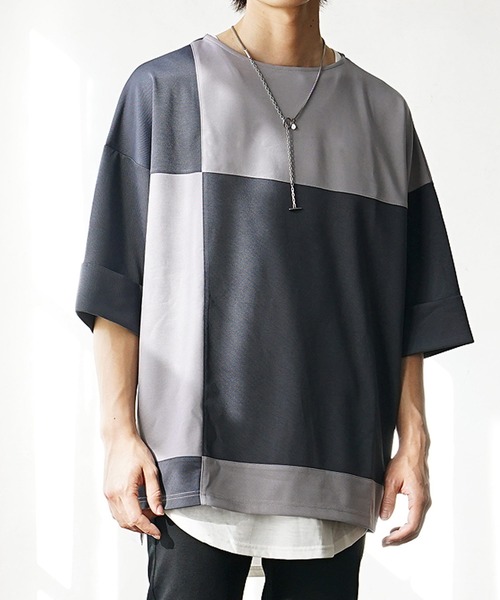 MinoriTY(マイノリティ)の「【MinoriTY】ブロッキング切替とろみTシャツ メンズ オーバーサイズ カットソー デザイン(Tシャツ/カットソー・メンズ・グレー/ブルー/カーキ/ブラック・M/S/L)」の10枚目の写真