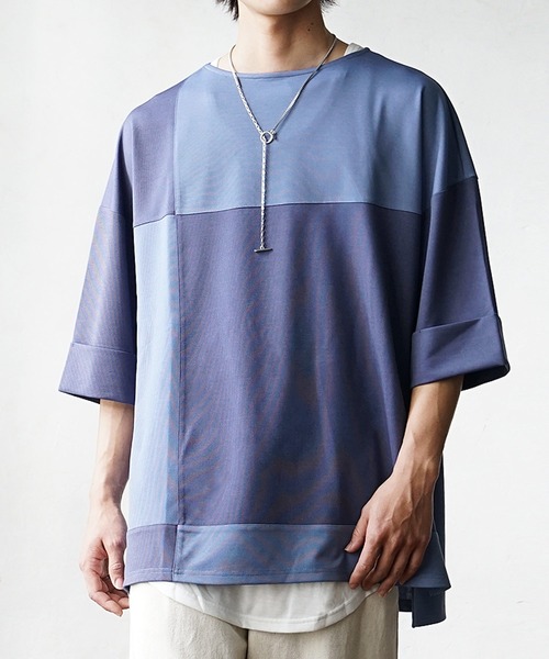 MinoriTY(マイノリティ)の「【MinoriTY】ブロッキング切替とろみTシャツ メンズ オーバーサイズ カットソー デザイン(Tシャツ/カットソー・メンズ・グレー/ブルー/カーキ/ブラック・M/S/L)」の11枚目の写真