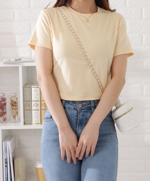 Lace Ladies(レースレディース)の「ベーシッククロップド半袖カラートップス(Tシャツ/カットソー・レディース・アイボリー/ブラック/ホワイト/グレー/ブルー・FREE)」の1枚目の写真