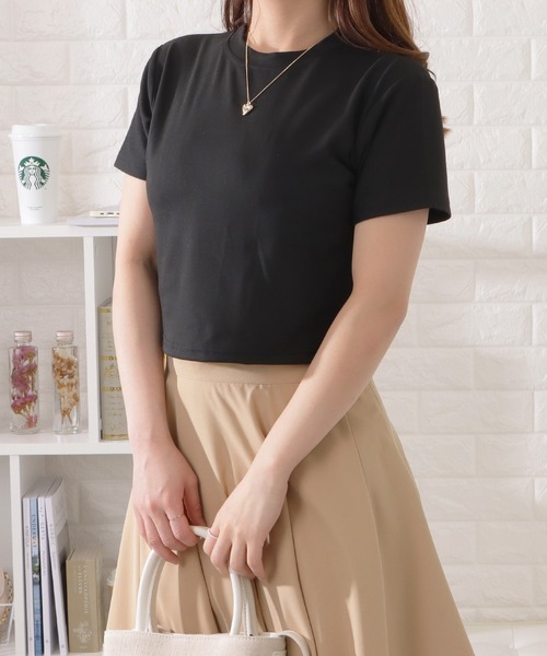 Lace Ladies(レースレディース)の「ベーシッククロップド半袖カラートップス(Tシャツ/カットソー・レディース・アイボリー/ブラック/ホワイト/グレー/ブルー・FREE)」の3枚目の写真