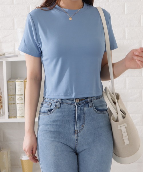 Lace Ladies(レースレディース)の「ベーシッククロップド半袖カラートップス(Tシャツ/カットソー・レディース・アイボリー/ブラック/ホワイト/グレー/ブルー・FREE)」の19枚目の写真