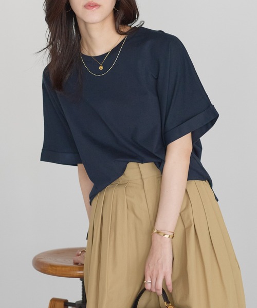 sakishimatokyo(サキシマトーキョー)の「【USAコットン】 オーバーサイズTシャツ 袖ロールアップ(Tシャツ/カットソー・レディース・ネイビー/ホワイト/ブラック/アイボリー/グレイッシュベージュ・FREE)」の1枚目の写真