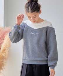 Amourire girl（アムリールガール）の「ふくれデザインオープンショルダー レース切替ニット風プルオーバー(130cm～150cm)（スウェット・キッズ）」