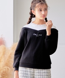 Amourire girl（アムリールガール）の「ふくれデザインオープンショルダー レース切替ニット風プルオーバー(130cm～150cm)（スウェット）」