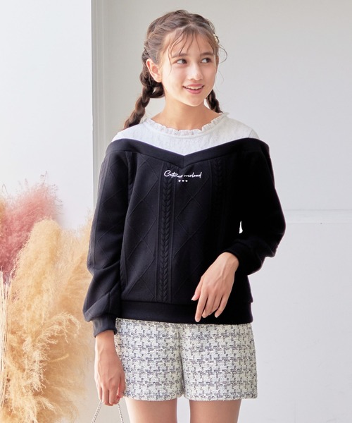 Amourire girl（アムリールガール）の「ふくれデザインオープンショルダー レース切替ニット風プルオーバー(130cm～150cm)（スウェット・キッズ・パープル/ブラック/グレー・130cm/140cm/150cm）」の4枚目の写真
