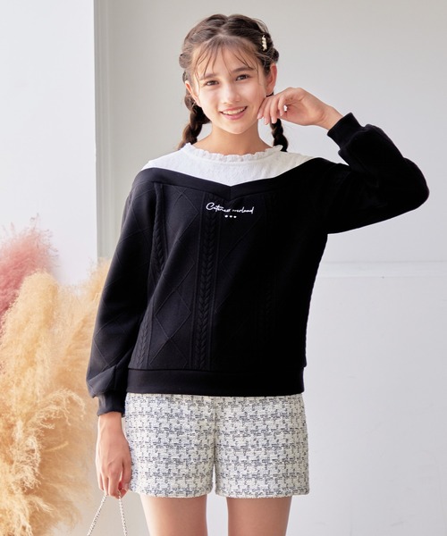 Amourire girl（アムリールガール）の「ふくれデザインオープンショルダー レース切替ニット風プルオーバー(130cm～150cm)（スウェット・キッズ・パープル/ブラック/グレー・130cm/140cm/150cm）」の5枚目の写真