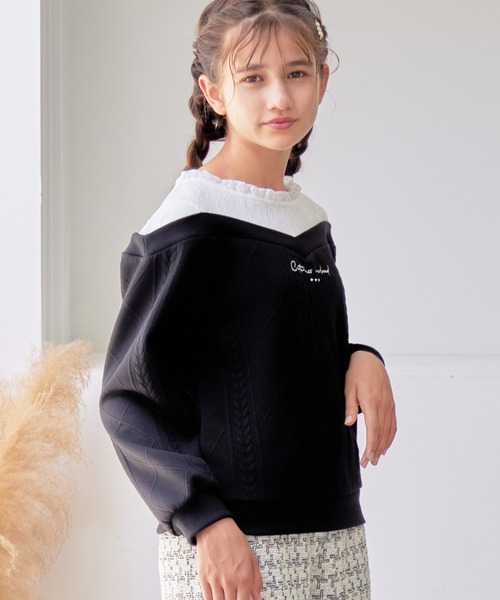 Amourire girl（アムリールガール）の「ふくれデザインオープンショルダー レース切替ニット風プルオーバー(130cm～150cm)（スウェット・キッズ・パープル/ブラック/グレー・130cm/140cm/150cm）」の6枚目の写真