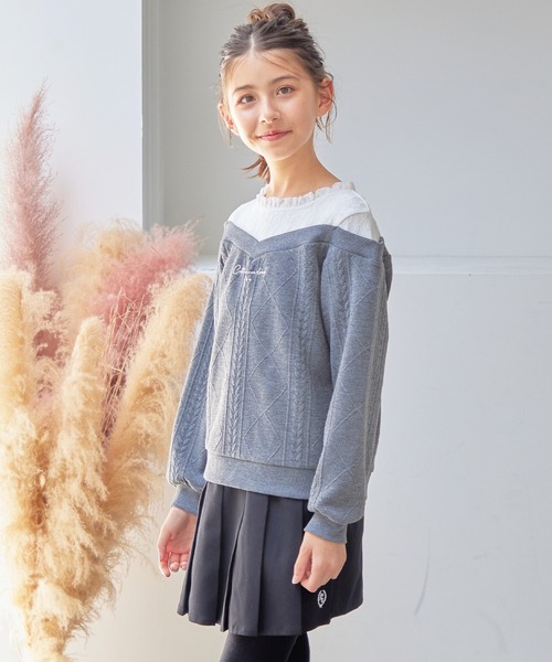 Amourire girl（アムリールガール）の「ふくれデザインオープンショルダー レース切替ニット風プルオーバー(130cm～150cm)（スウェット・キッズ・パープル/ブラック/グレー・130cm/140cm/150cm）」の13枚目の写真