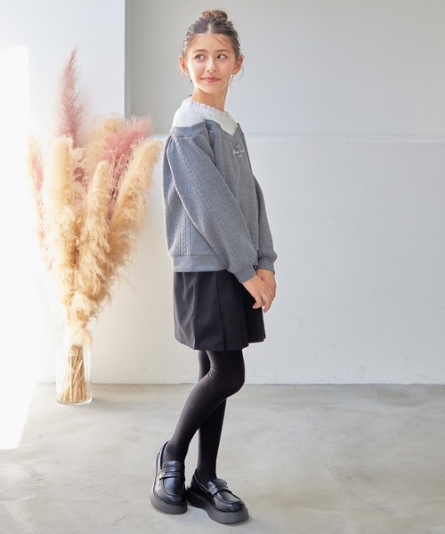 Amourire girl（アムリールガール）の「ふくれデザインオープンショルダー レース切替ニット風プルオーバー(130cm～150cm)（スウェット・キッズ・パープル/ブラック/グレー・130cm/140cm/150cm）」の15枚目の写真